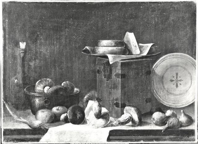 Anonimo — Anonimo emiliano sec. XVII - Natura morta con funghi, fichi, formaggi, cassa e piatto di ceramica — insieme